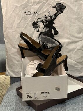 Anyi Lu Black Patent Tulip Slingback Pumps